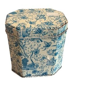 Vintage Elite Tin Toile Trinket Box Blue White Floral Bird Gift French Country